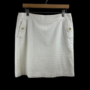 Elliot Lauren Cream Eyelet Classic Knee Length Skirt 10 Sophisticated Minimalist